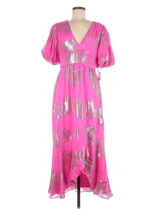 Shoshanna Dresses & Skirts - Shoshanna Midnight Pink Maxi Dress with Bronze Metallic Accents Puff Sleeves 8 M